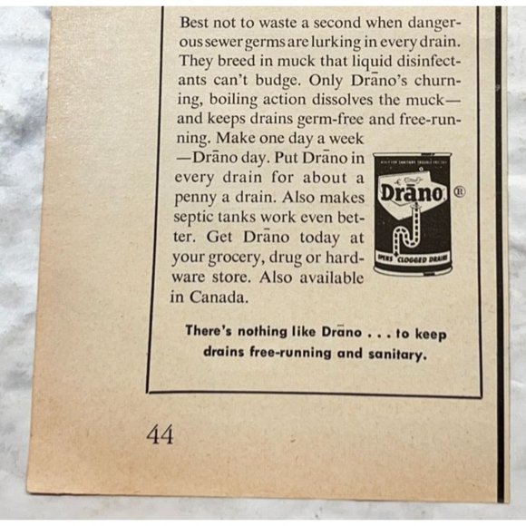 Drano Drain Cleaner Vintage Print Ad 1955 Plumbing Cleaning Sanitation - Picture 5 of 6